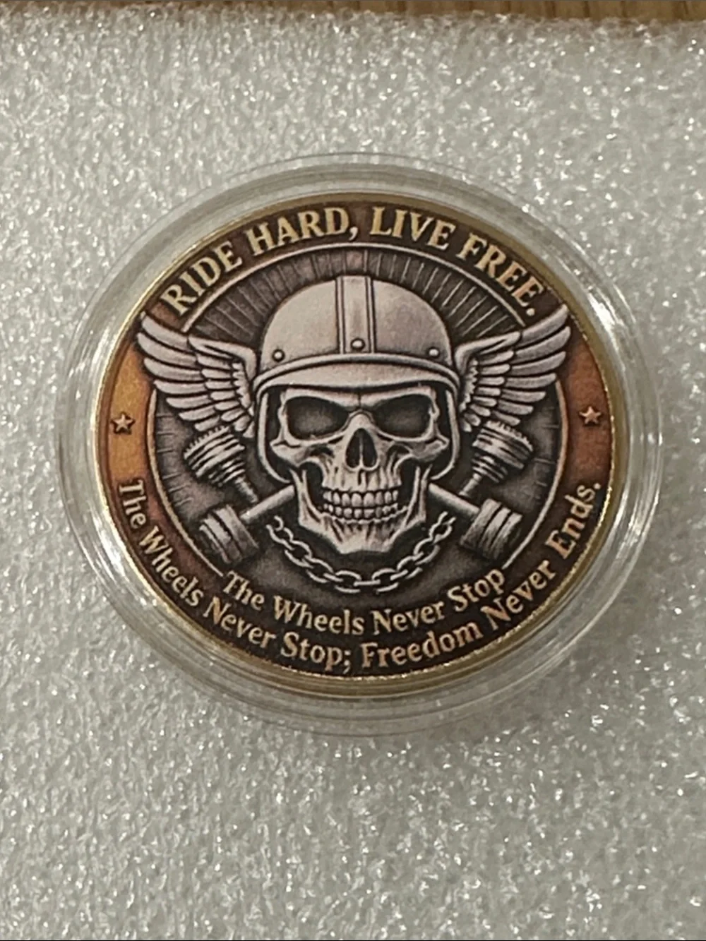 Don’t Mess With Old Bikers Round Metal Coin - Brown/Gold
